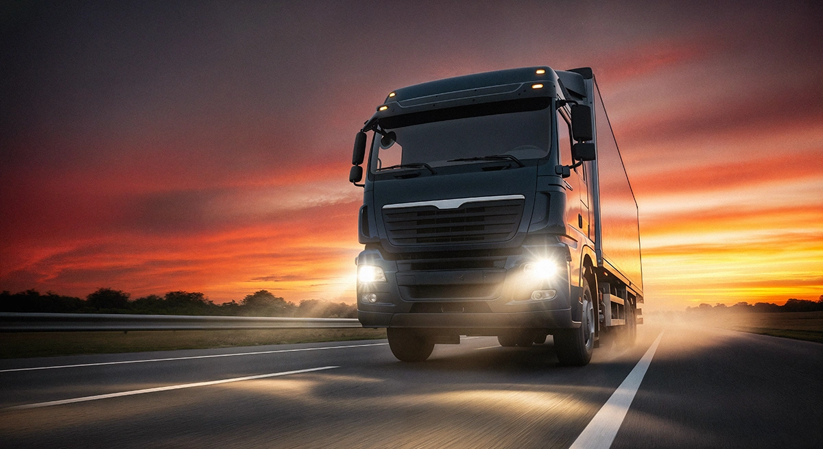 Truck Driving into Sunset